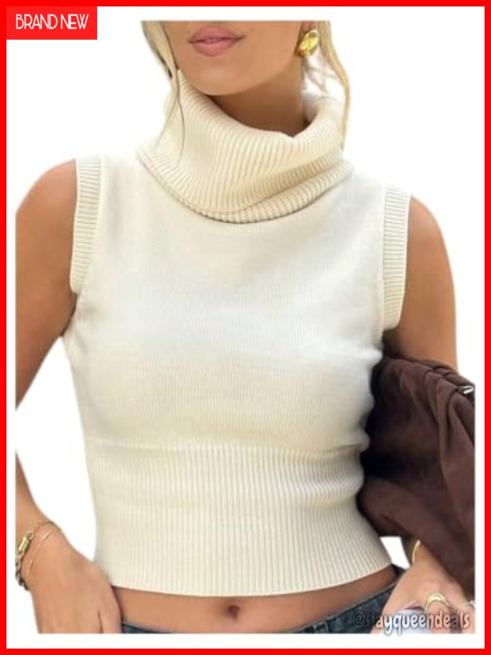 Turtleneck Sweater Vest Sleeveless Cropped Ribbed Knit Pullover
